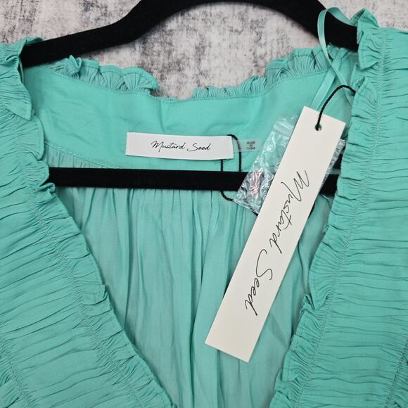 Mustard Seed Blouse Womens Large Green Bell Sleeve Ruffle Peplum Drawstring Top - Picture 2 of 10